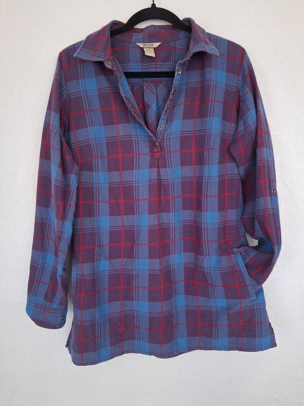 Duluth Trading Co Womens Medium Flannel Tunic Plaid Snap Henley Pockets Roll
